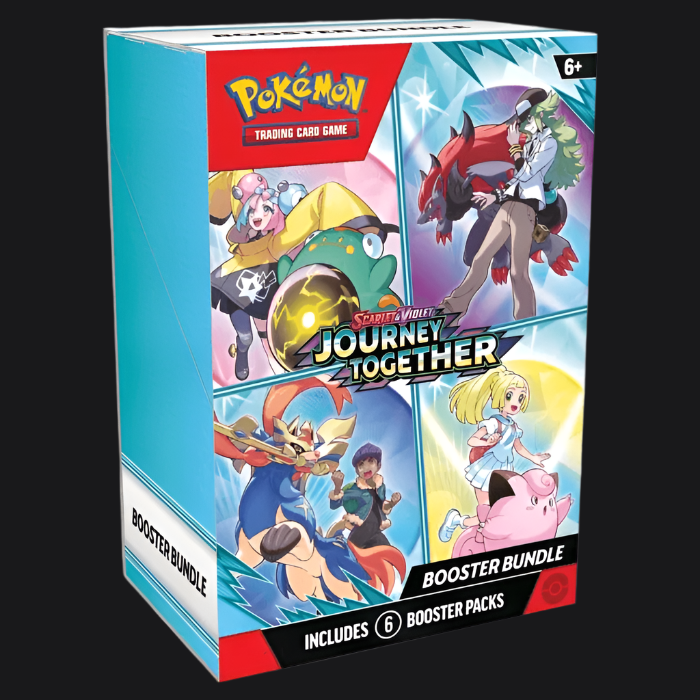 A box of Pokémon TCG: Scarlet & Violet—Journey Together booster packs featuring various Pokémon characters on the packaging.