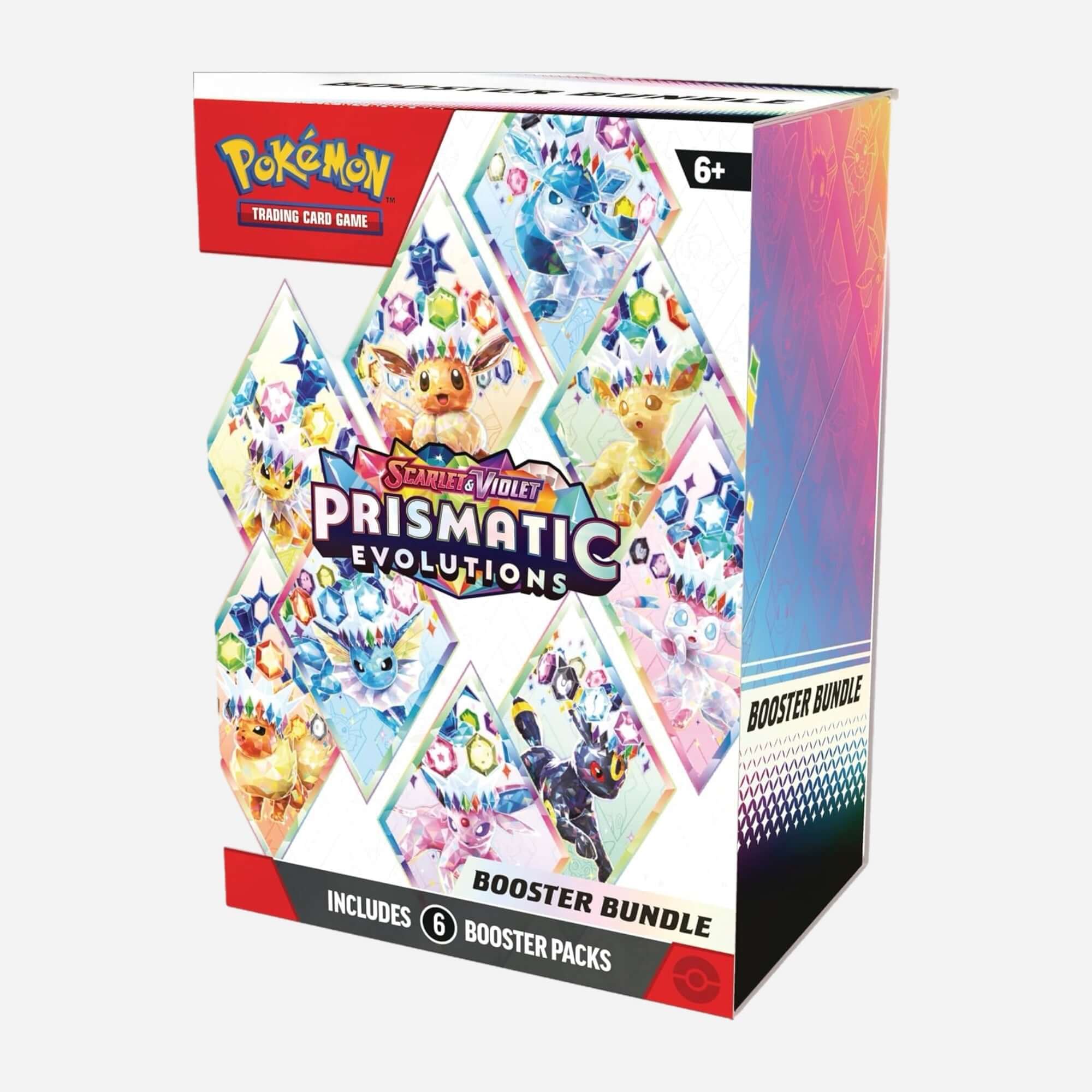 A box of Pokémon TCG: Scarlet & Violet—Prismatic Evolutions booster bundle featuring colorful, animated Pokémon characters.
