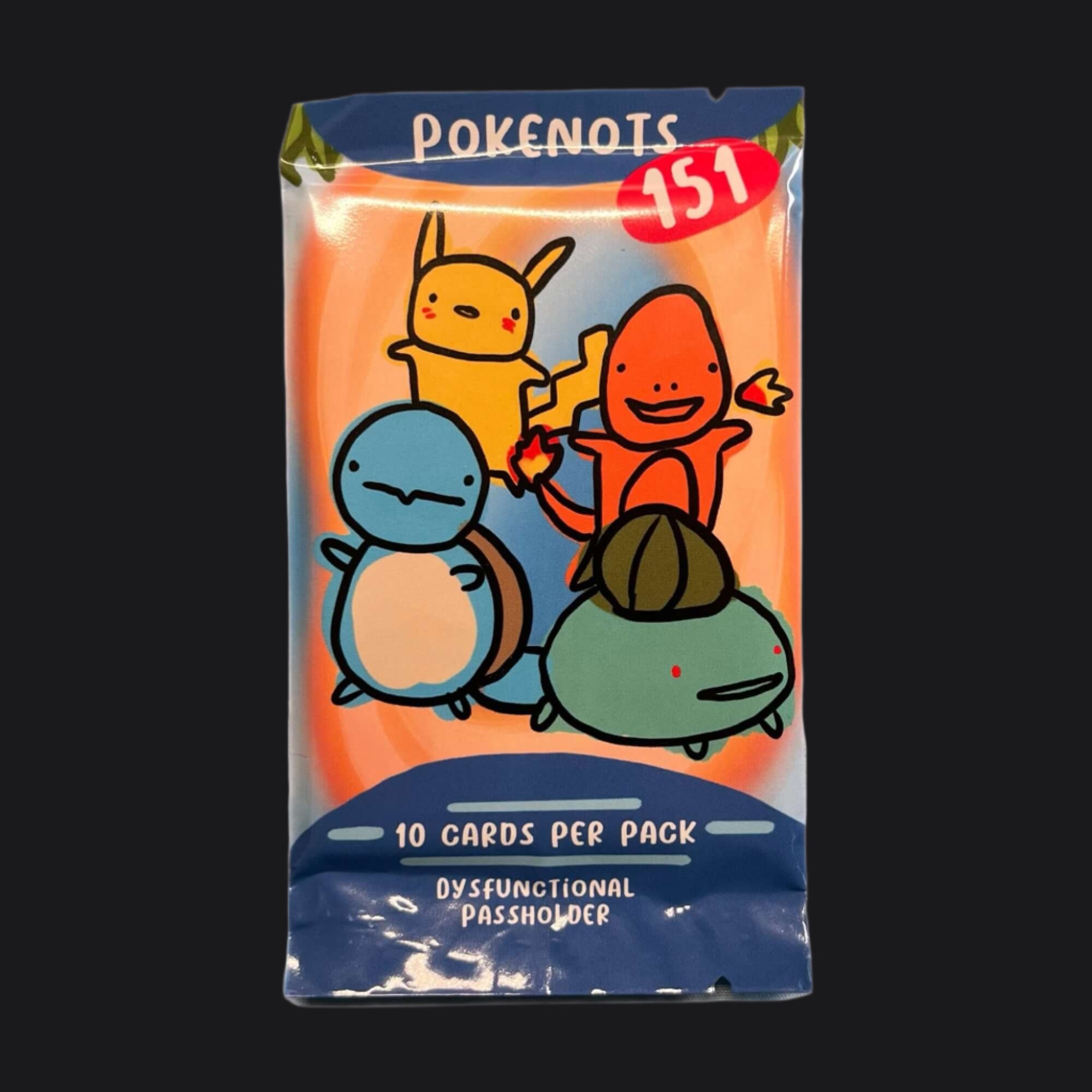 A pack of 'Pokenots' trading cards featuring cartoon-style characters resembling Pokémon. The packaging is primarily orange and blue with text indicating 10 cards per pack by Dysfunctional Passholder.