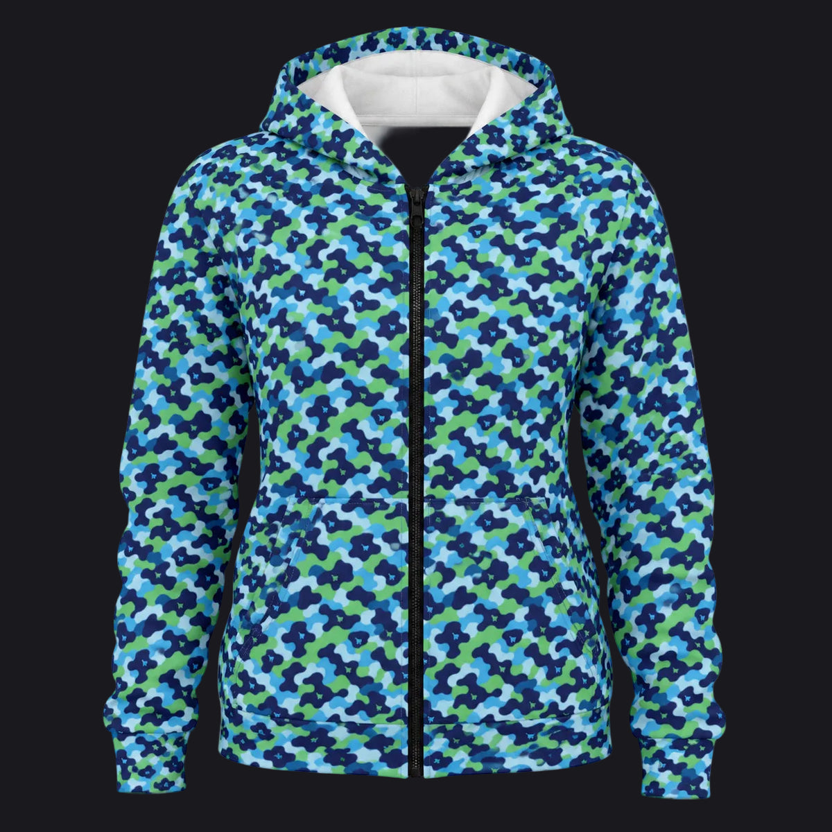 A women's zip-up hoodie featuring a blue, green, and navy camouflage pattern, with a white hood lining and a black front zipper, shown on a plain white background.