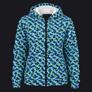 A women's zip-up hoodie featuring a blue, green, and navy camouflage pattern, with a white hood lining and a black front zipper, shown on a plain white background.