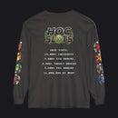 A dark charcoal gray long-sleeve t-shirt with a colorful graphic on the back reading 'HOC SLOTS 10' and white text showing 2026 statistics, with multicolor graphics printed down both sleeves.