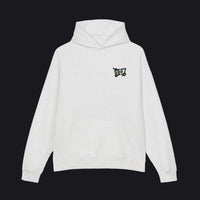 White hoodie with text on a white background