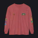 A dusty rose long-sleeve t-shirt with 'HOC SLOTS' printed on the left chest in green and blue, featuring a small emblem on the right chest and colorful flag graphics down both sleeves.