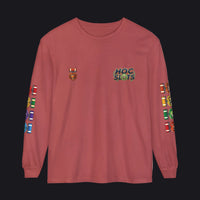 A dusty rose long-sleeve t-shirt with 'HOC SLOTS' printed on the left chest in green and blue, featuring a small emblem on the right chest and colorful flag graphics down both sleeves.