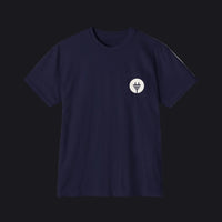 Black t-shirt with a small green logo on a gray background