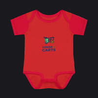 A red short-sleeve baby bodysuit with a colorful '7 40 HOUSE OF CARTS' graphic on the chest, displayed flat against a white background.