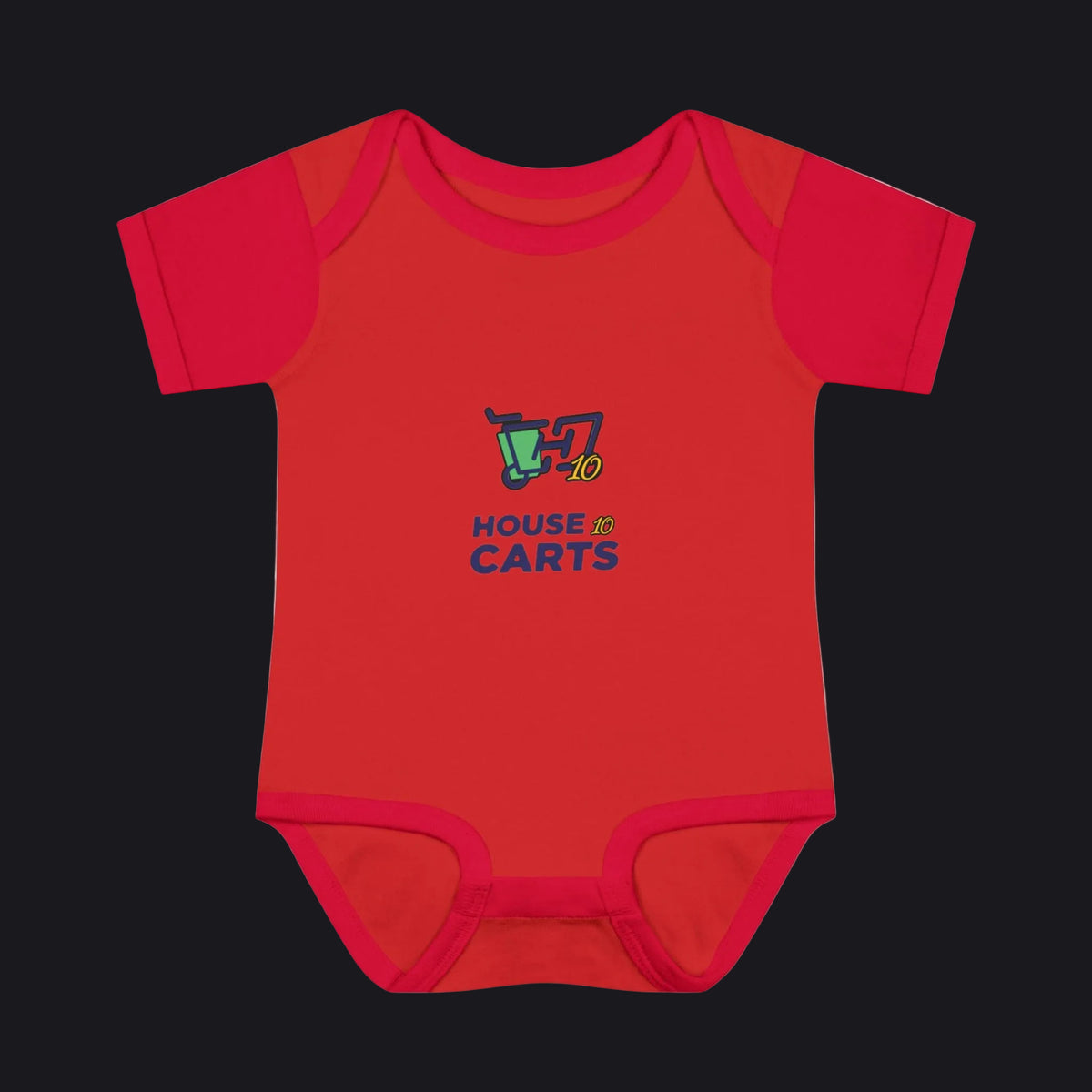 A red short-sleeve baby bodysuit with a colorful '7 40 HOUSE OF CARTS' graphic on the chest, displayed flat against a white background.