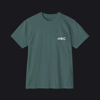 A dark green crewneck t-shirt with a left chest pocket featuring the white text 'HOC' printed on it, displayed against a solid white background.