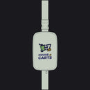A light sage green belt bag with a buckle strap, featuring a printed graphic of a green shopping cart and the text 'HOUSE OF CARTS' in navy blue and yellow.