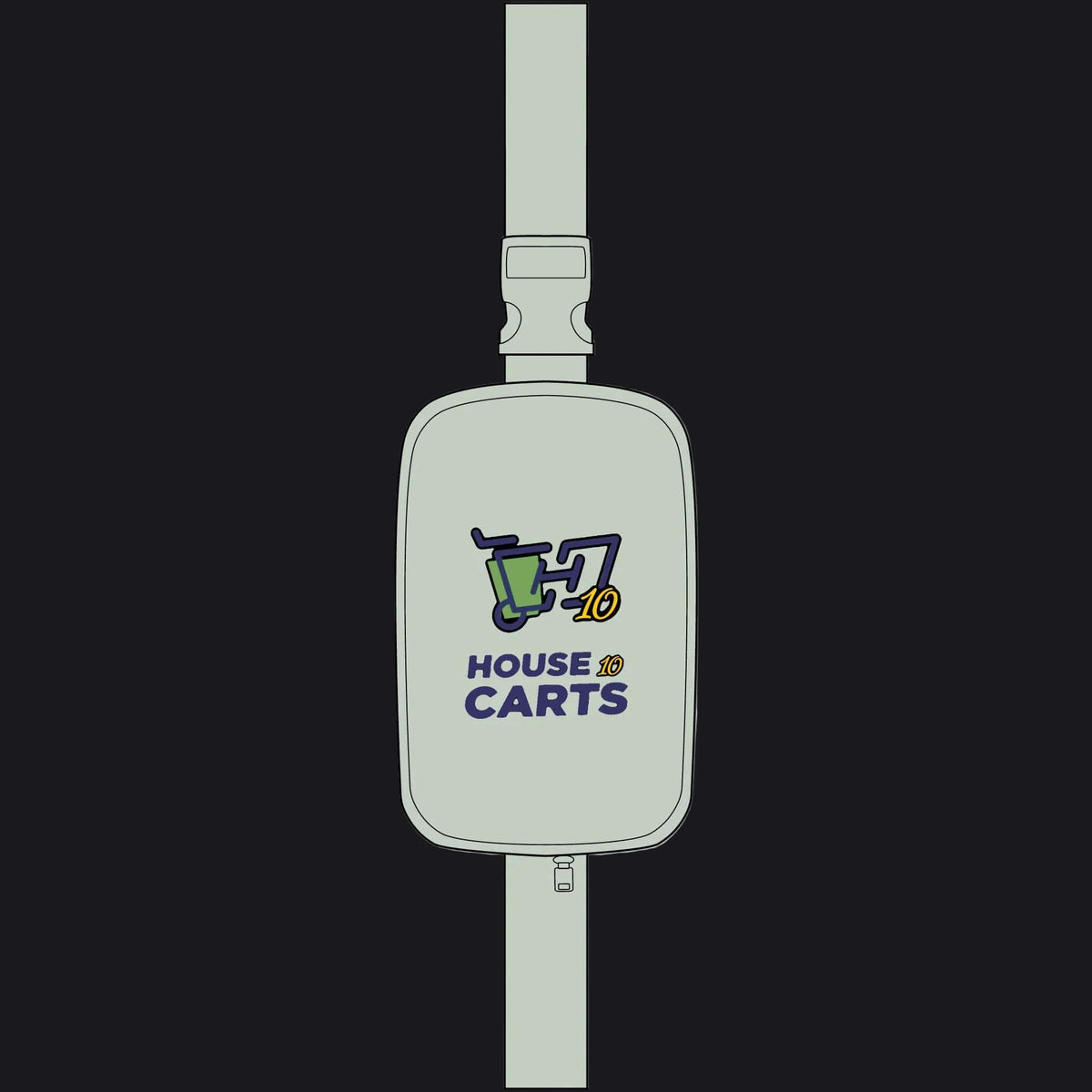 A light sage green belt bag with a buckle strap, featuring a printed graphic of a green shopping cart and the text 'HOUSE OF CARTS' in navy blue and yellow.