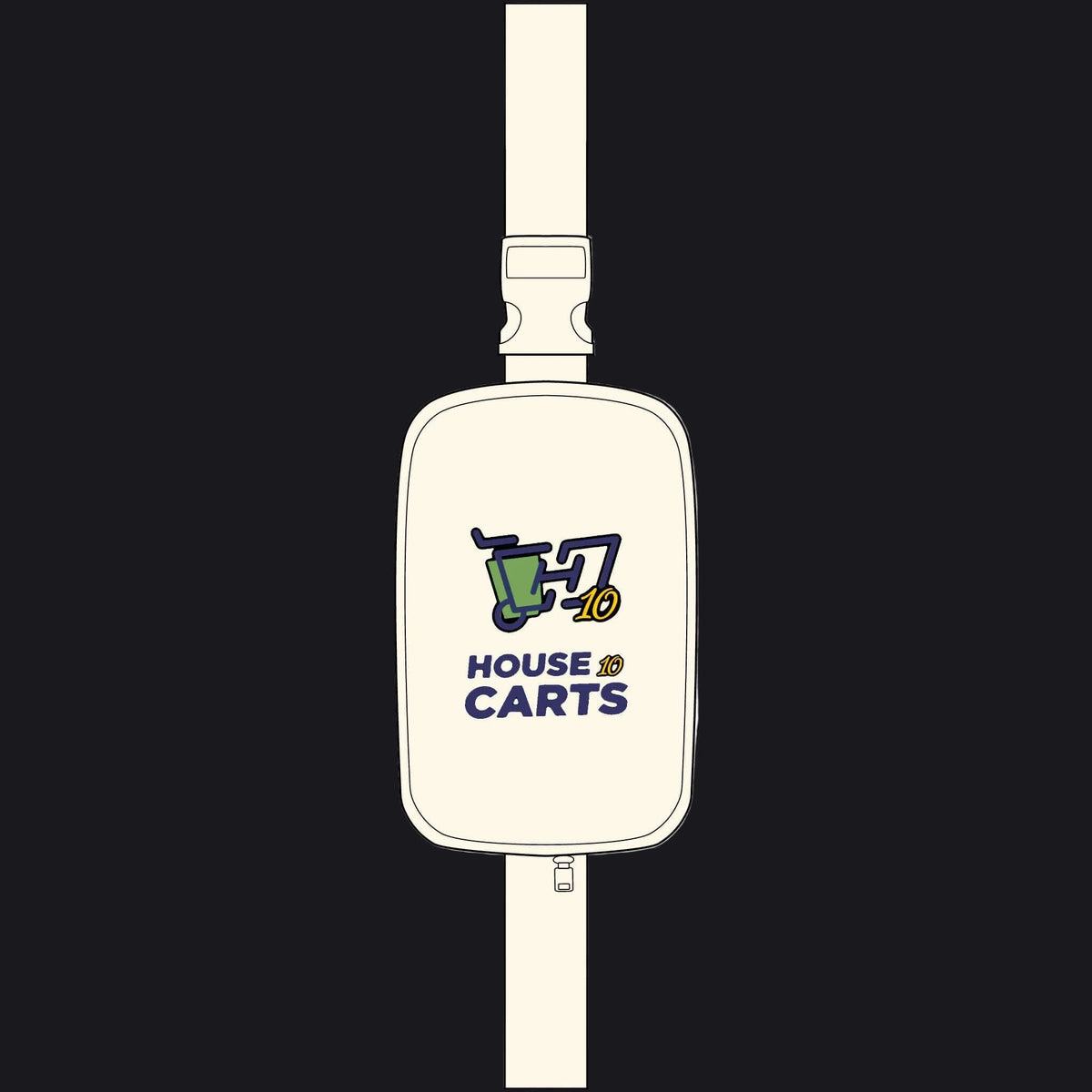 An off-white plastic belt bag with a strap, featuring a printed graphic of a green shopping cart and the text 'HOUSE OF CARTS' in navy blue.