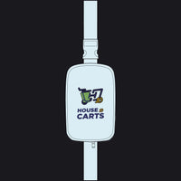 A light blue rectangular belt bag with a strap, featuring a printed graphic of a green shopping cart and the text 'HOUSE OF CARTS' in navy and gold, shown on a plain white background.