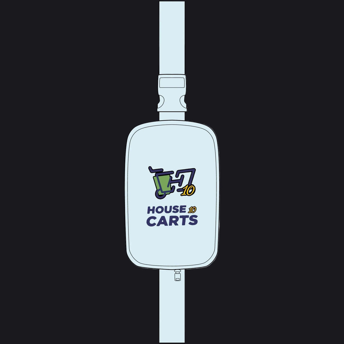 A light blue rectangular belt bag with a strap, featuring a printed graphic of a green shopping cart and the text 'HOUSE OF CARTS' in navy and gold, shown on a plain white background.