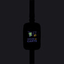 A black luggage tag with a strap, featuring a printed logo for 'House 10 Carts' in purple, yellow, and green on a solid white background.