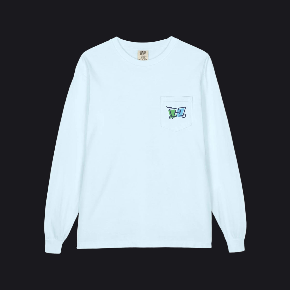 A light blue long-sleeve crewneck pocket t-shirt with a small circular graphic printed on the chest pocket, displayed flat against a white background.