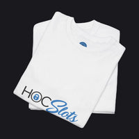 A folded white t-shirt with a graphic print reading 'HOC Slots' in black and blue, displayed on a clean white background.