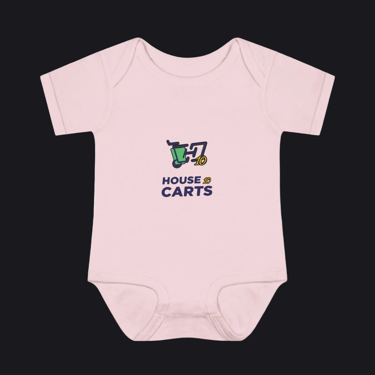 A light pink short-sleeve baby bodysuit with a 'HOUSE OF CARTS' graphic printed on the chest, displayed on a clean white background.