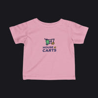 A pink short-sleeve baby t-shirt with a 'HOUSE OF CARTS' graphic on the chest, displayed flat against a white background.