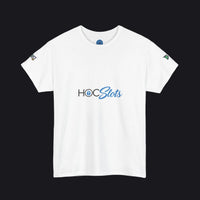 A white short-sleeve crewneck t-shirt featuring the text 'HOCSlots' printed across the chest in black and blue, with small graphic prints on both sleeves, displayed on a clean white background.