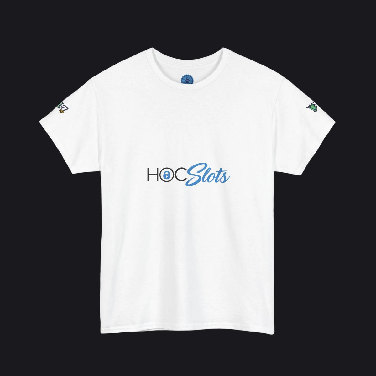 A white short-sleeve crewneck t-shirt featuring the text 'HOCSlots' printed across the chest in black and blue, with small graphic prints on both sleeves, displayed on a clean white background.