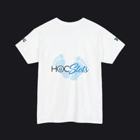 A white short-sleeve t-shirt with a graphic on the chest featuring blue baby footprints and the text 'HOC Slots' in black and blue. The t-shirt is displayed flat against a clean white background.