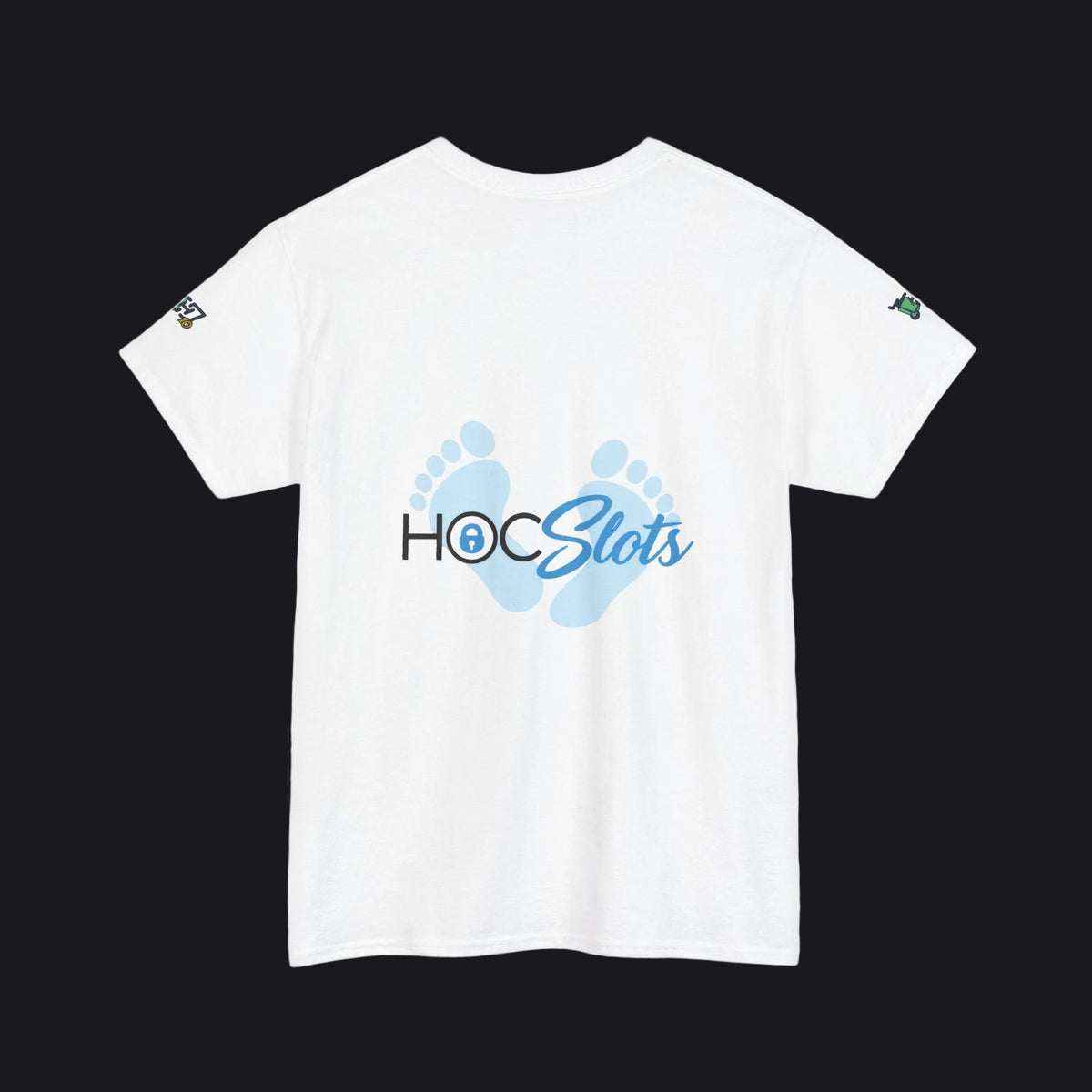 A white short-sleeve t-shirt with a graphic on the chest featuring blue baby footprints and the text 'HOC Slots' in black and blue. The t-shirt is displayed flat against a clean white background.