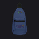 A navy blue sling backpack with black zippers and a black top handle, featuring a green and yellow '10' cart graphic on the upper back and 'HOUSE 10 CARTS' text on the front pocket, shown against a plain white background.