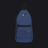 A navy blue sling backpack with black zippers and a black top handle, featuring a green and yellow '10' cart graphic on the upper back and 'HOUSE 10 CARTS' text on the front pocket, shown against a plain white background.