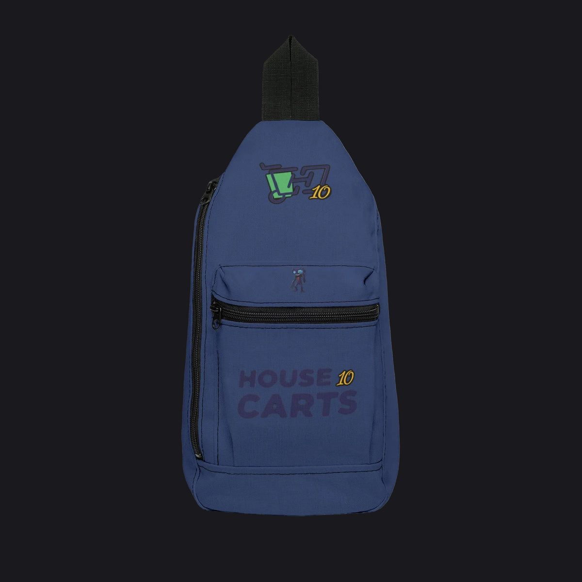 A navy blue sling backpack with black zippers and a black top handle, featuring a green and yellow '10' cart graphic on the upper back and 'HOUSE 10 CARTS' text on the front pocket, shown against a plain white background.