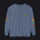 A slate blue long-sleeve t-shirt with a 'HOC SLOTS' graphic on the left chest and colorful slot machine graphics printed down both sleeves, shown against a plain white background.