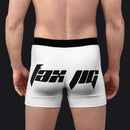 White men's compression boxer briefs with a black waistband and a large black stylized 'tax pig' graphic on the back, shown on a male model from the back against a white background.