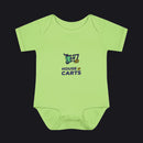 A light lime green short-sleeve baby bodysuit with a 'HOUSE OF CARTS' graphic printed on the chest, displayed flat against a solid white background.