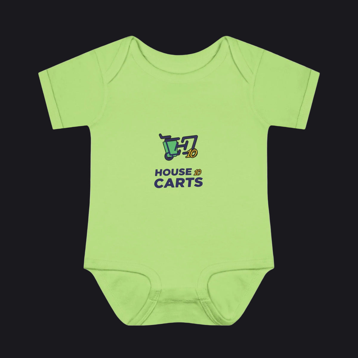 A light lime green short-sleeve baby bodysuit with a 'HOUSE OF CARTS' graphic printed on the chest, displayed flat against a solid white background.