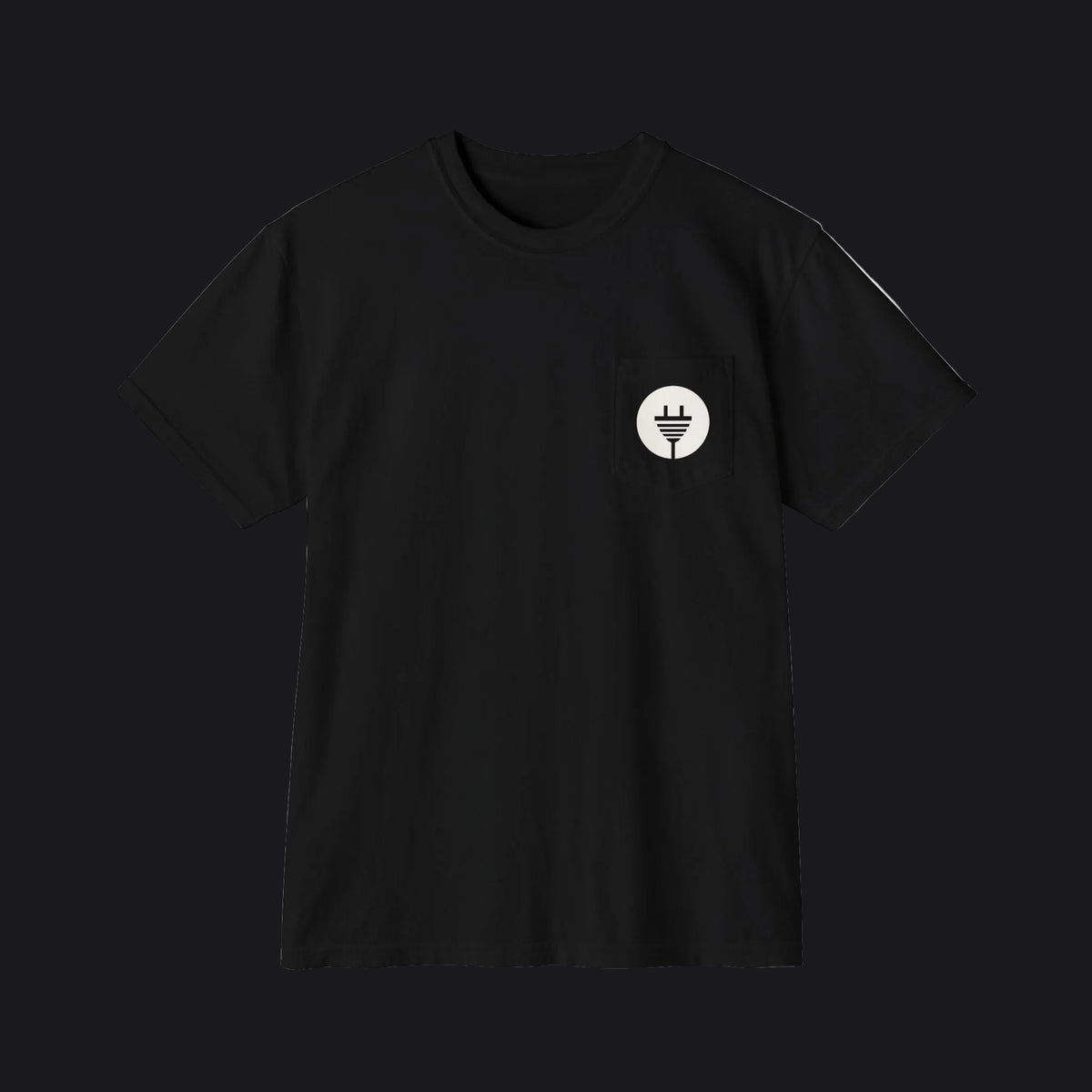 Black t-shirt with a small green logo on a gray background