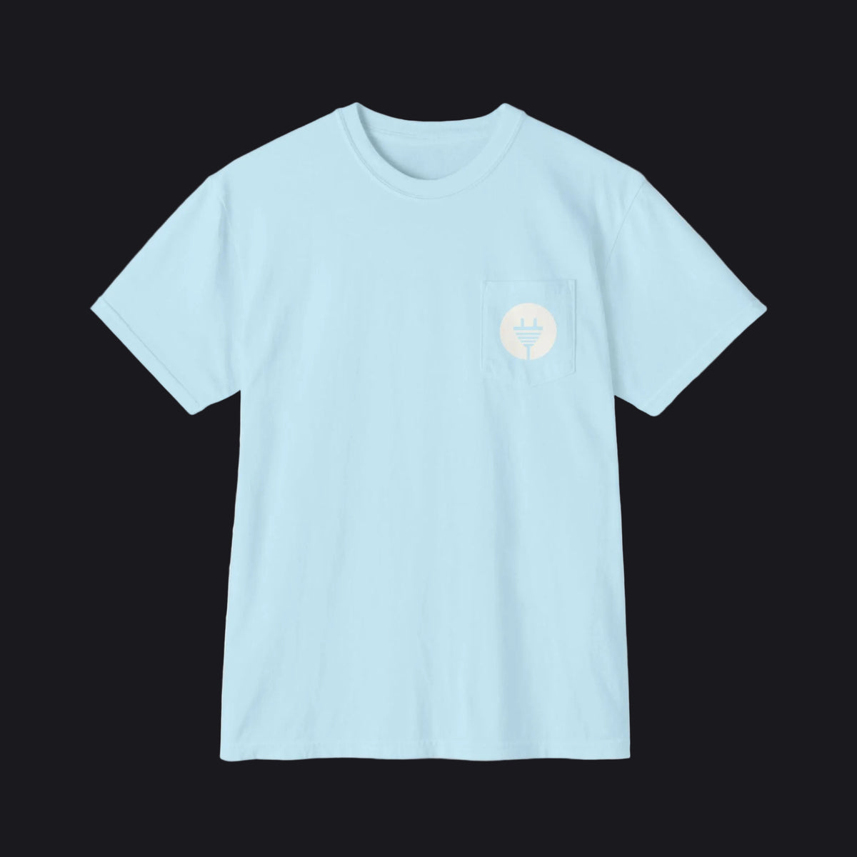 A light blue crewneck t-shirt with a small chest pocket on the left side, featuring a small circular logo with a stylized tree design in white.