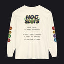 An off-white long-sleeve t-shirt with a graphic on the back reading 'HOC SLOTS 10' and various colorful hexagonal game dice printed down both sleeves, shown against a plain white background.