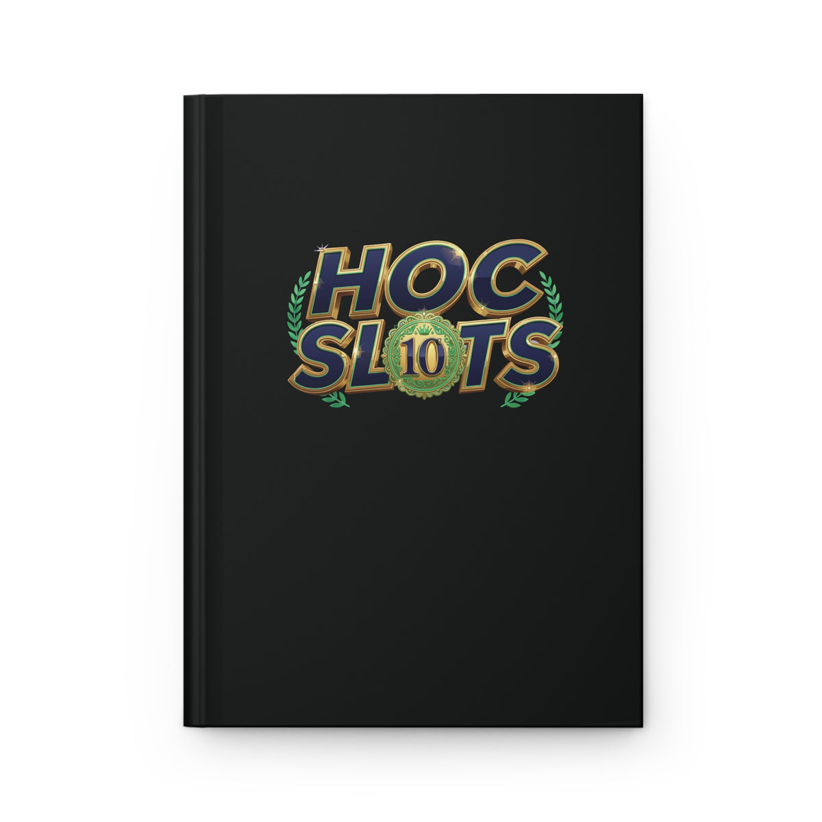 A black hardcover notebook featuring a 'HOC SLOTS 10' logo printed on the front cover in gold, blue, and green, set against a plain white background.