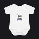 A white short-sleeve baby bodysuit with a graphic on the chest showing a green and yellow shopping cart and the text 'HOUSE OF CARTS' in navy blue, displayed on a clean white background.