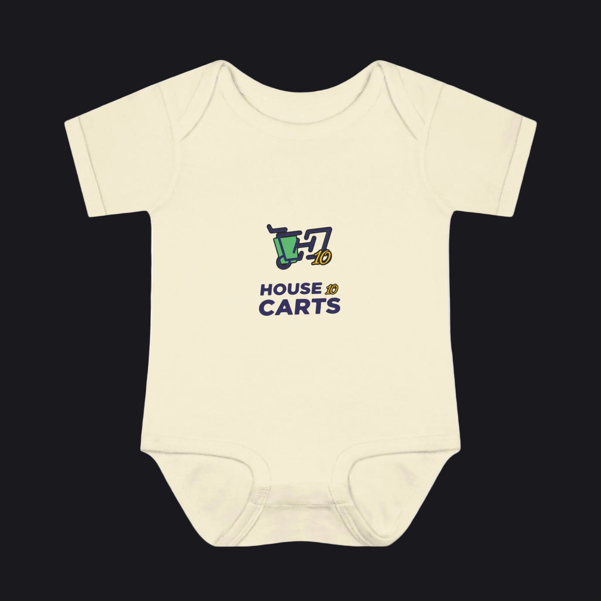 A cream-colored short-sleeve baby bodysuit with a 'HOUSE OF CARTS' graphic printed on the chest, displayed against a solid white background.