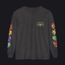 A black long-sleeve t-shirt with a colorful 'HOG SLOTS' logo on the left chest and various colorful retro game-themed graphics printed down both sleeves, shown against a plain white background.