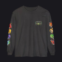 A black long-sleeve t-shirt with a colorful 'HOG SLOTS' logo on the left chest and various colorful retro game-themed graphics printed down both sleeves, shown against a plain white background.