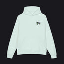 Light blue hoodie with text on the chest against a white background