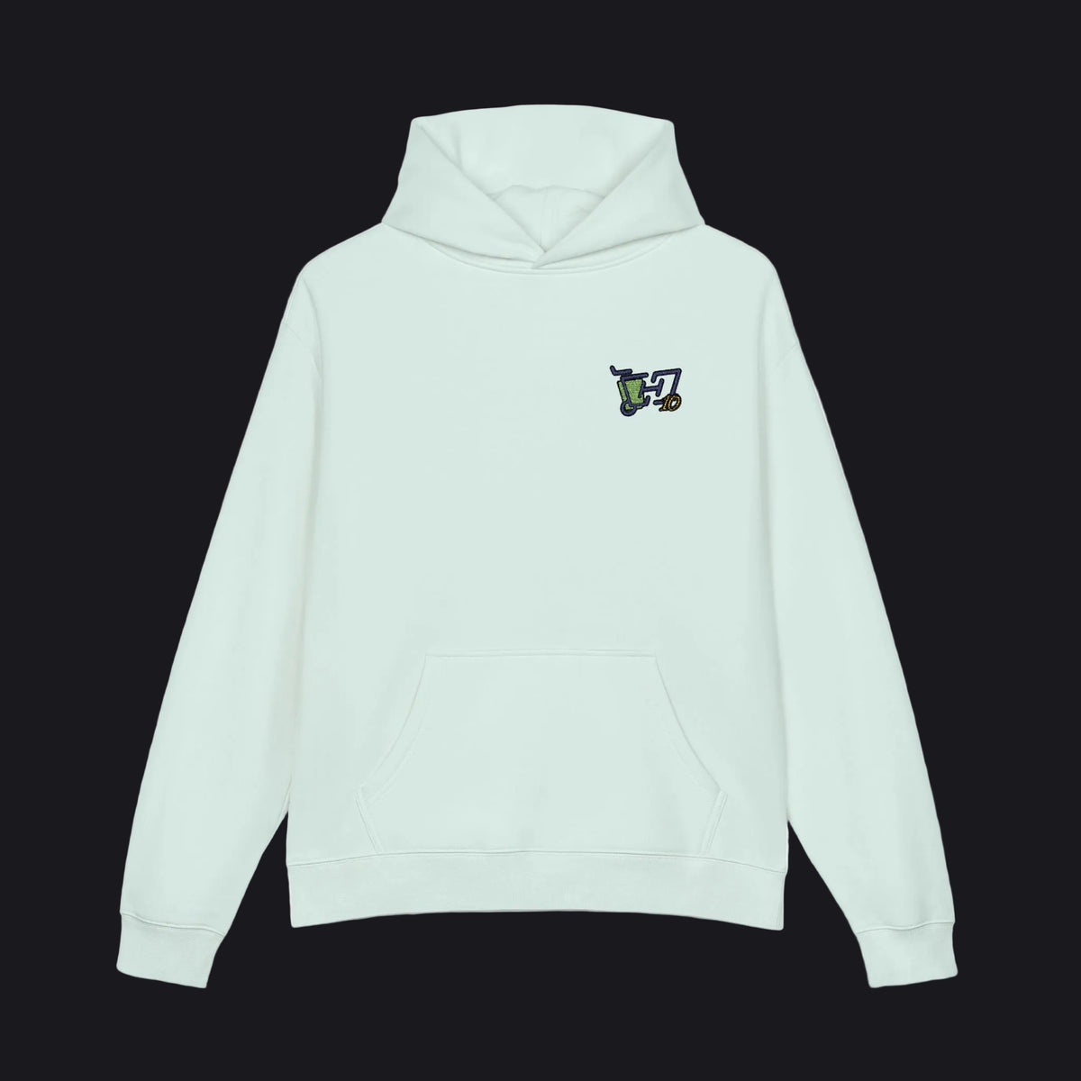 Light blue hoodie with text on the chest against a white background