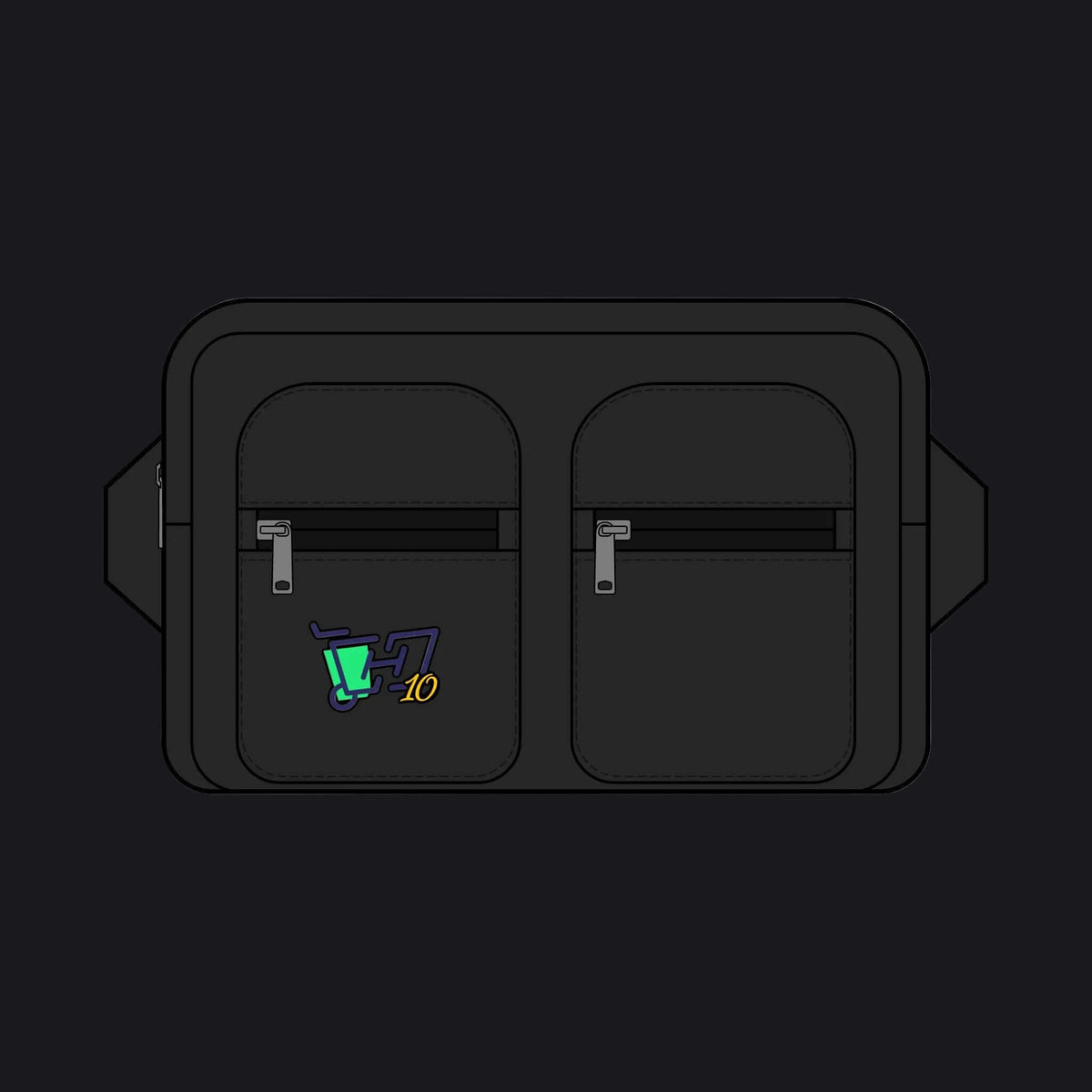 A black tactical shoulder bag with two front zippered pockets and a small green and yellow graphic on the left pocket, shown against a plain white background.