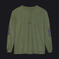 An olive green long-sleeve t-shirt with 'tlrep' printed in black on the chest and 'HOUSE 98' in blue and yellow on both sleeves, shown against a plain white background.