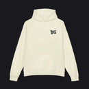 Beige hoodie with a logo on the chest on a white background