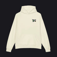 Beige hoodie with a logo on the chest on a white background