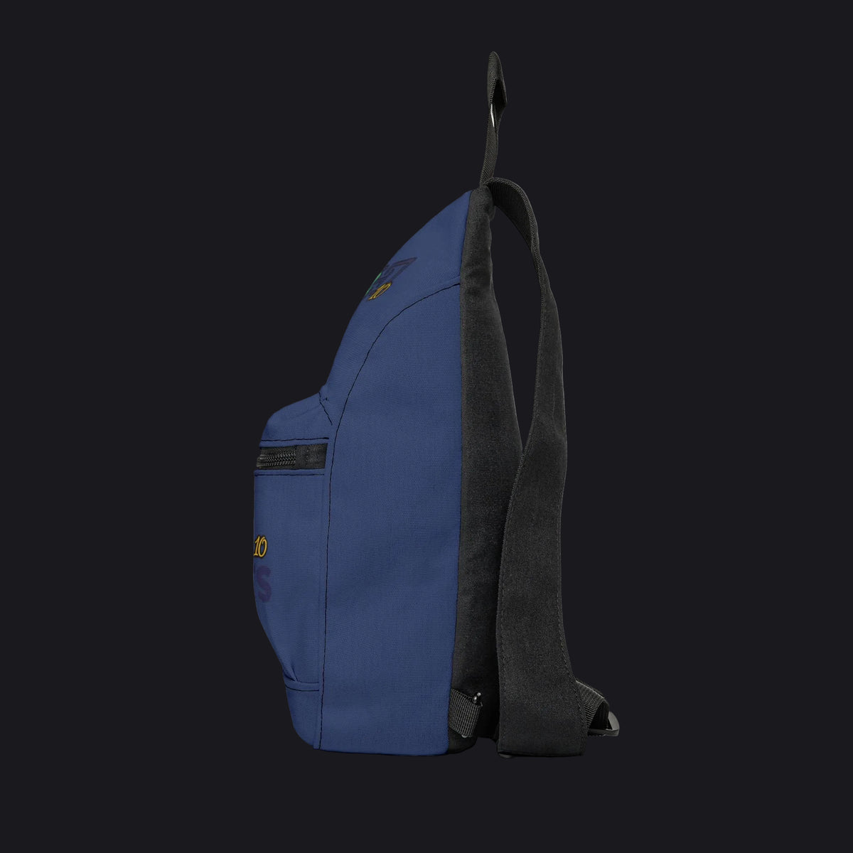 Blue sling bag with black strap on a white background