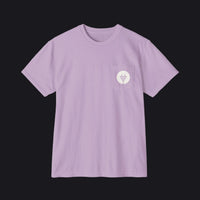 A light purple crewneck pocket t-shirt with a small white circular graphic on the chest pocket, displayed on a clean white background.